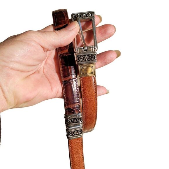 Brighton Accessories - 80's Brighton Belt Leather Reversible Skinny Brown Embossed Silver Heart XS/S